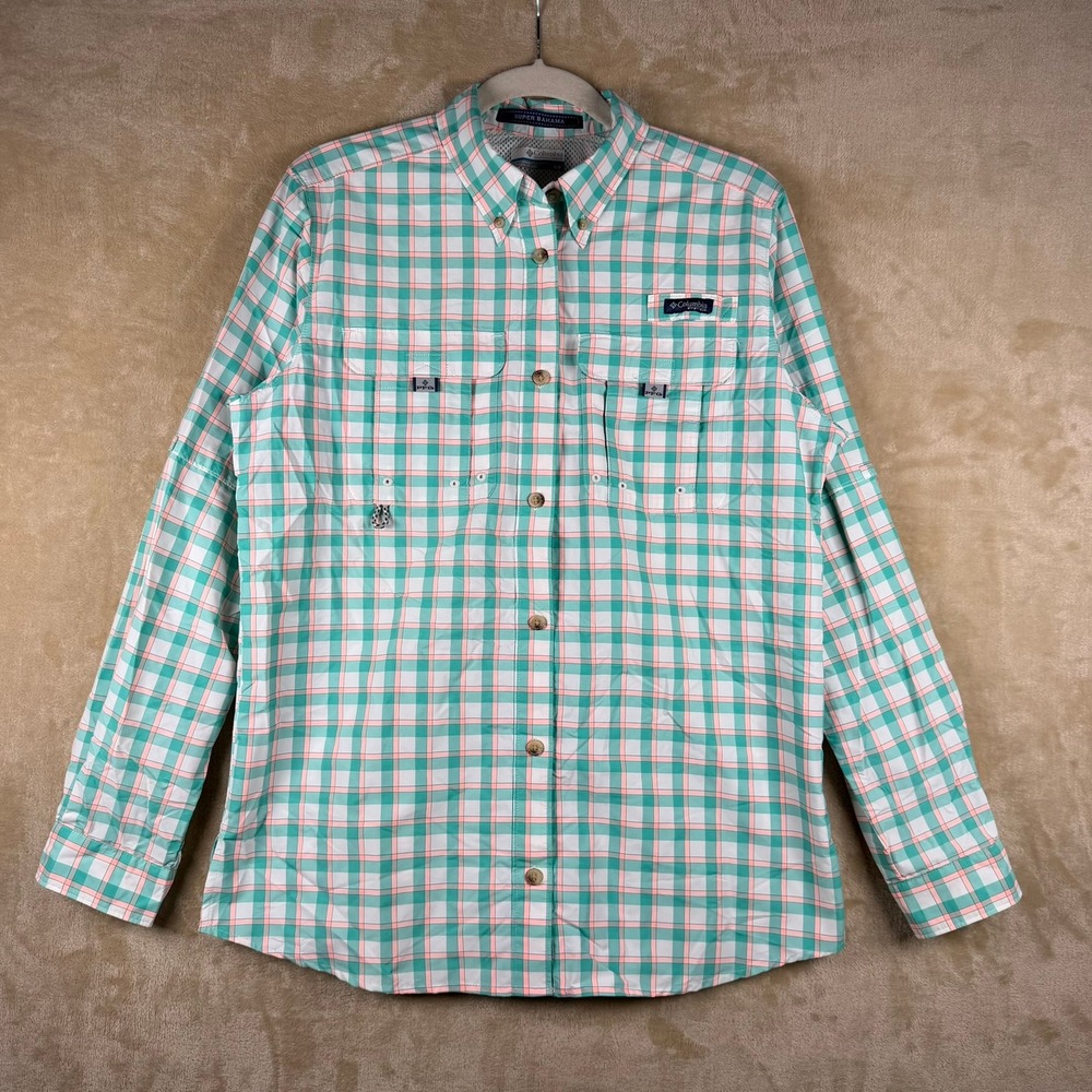 Columbia PFG Super Bahama Fishing Shirt Mens Small Teal Pink Plaid Outdoor
